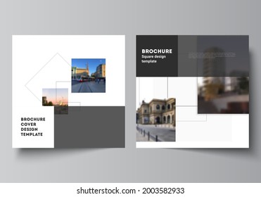 Vector layout of two square format covers design templates with geometric simple shapes, lines and photo place for brochure, flyer, magazine, cover design, book, brochure cover.