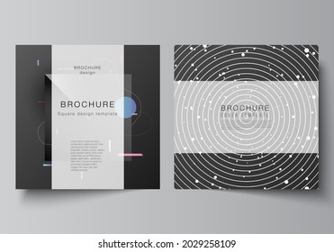 Vector layout of two square format covers design templates for brochure, flyer, magazine, cover design, book design, brochure cover. Tech science future background, space astronomy concept.