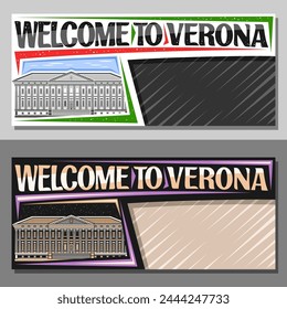 Vector layout for Verona with copy space, decorative coupon with line illustration verona palazzo barbieri located in bra square on sky background, art design tourist card with words welcome to verona