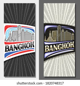 Vector layouts for Bangkok, decorative leaflet with outline illustration of urban bangkok city scape on day and evening sky background, art design tourist card with unique letters for word bangkok.