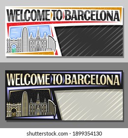 Vector layouts for Barcelona with copy space, decorative voucher with outline illustration of barcelona city scape on day and dusk sky background, design tourist coupon with words welcome to barcelona