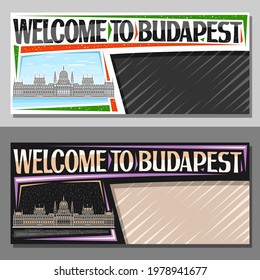 Vector layouts for Budapest with copy space, decorative voucher with line illustration of budapest city scape on day and dusk sky background, art design tourist coupon with words welcome to budapest.