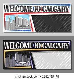 Vector layouts for Calgary with copy space, voucher with line illustration of contemporary Calgary cityscape on day and evening sky background. Art design tourist coupon with words welcome to Calgary.