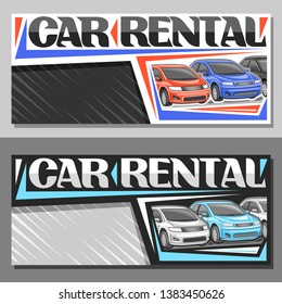 Vector layouts for Car Rental with copy space, coupon with 3 cartoon different automobiles in a row, lettering for words car rental, automotive sign board for cheap rental company with grey background