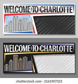 Vector layouts for Charlotte with copy space, decorative voucher with illustration of charlotte city scape on day and dusk sky background, art design tourist coupon with words welcome to charlotte