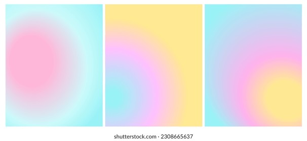 Vector Layouts with Colorful Gradient. Pink-Blue-Yellow Blurry Backgound. Simple Minimalist Prints without Text ideal for Cover, Flayer, Banner, Blanks. Pastel RGB Colors. Cute Layout with Copy Space.