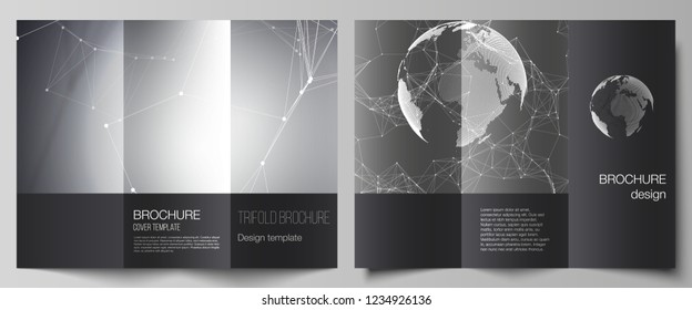 Vector layouts of covers design templates for trifold brochure or flyer. Futuristic geometric design with world globe, connecting lines and dots. Global network connections, technology digital concept