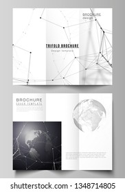 Vector layouts of covers design templates for trifold brochure or flyer. Futuristic geometric design with world globe, connecting lines and dots. Global network connections, technology digital concept