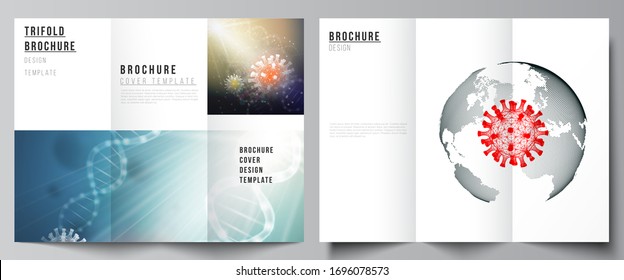 Vector Layouts Of Covers Design Templates For Trifold Brochure, Flyer Layout, Brochure Cover, Advertising Mockups. 3d Medical Background Of Corona Virus. Covid 19, Coronavirus Infection. Virus Concept