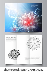 Vector layouts of covers design templates for trifold brochure, flyer layout, brochure cover, advertising mockups. 3d medical background of corona virus. Covid 19, coronavirus infection. Virus concept