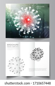 Vector layouts of covers design templates for trifold brochure, flyer layout, brochure cover, advertising mockups. 3d medical background of corona virus. Covid 19, coronavirus infection. Virus concept