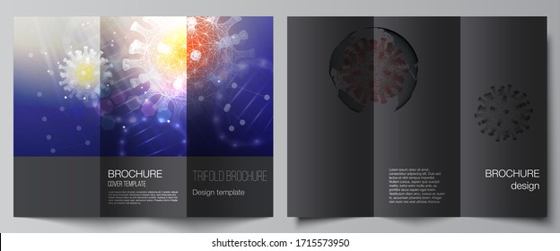 Vector layouts of covers design templates for trifold brochure, flyer layout, brochure cover, advertising mockups. 3d medical background of corona virus. Covid 19, coronavirus infection. Virus concept