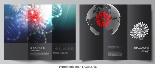 Diseños vectoriales de plantillas de diseño para trípticos, diseño de volantes, portada de folletos, maquetas publicitarias. Tercer trasfondo médico del virus de la corona. Covid 19, infección por el coronavirus. Concepto de virus