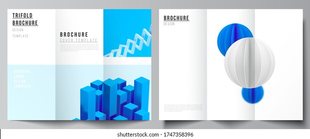 Vector layouts of covers design templates for trifold brochure, flyer layout, brochure cover, advertising. 3d render vector composition with dynamic realistic geometric blue shapes in motion.