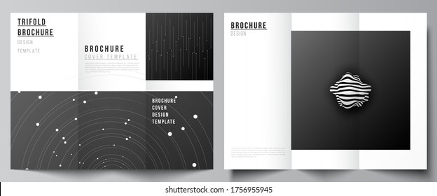 Vektorgrafiken von Cover-Design-Vorlagen für dreifach gefaltete Broschüren, Flyer-Layout, Magazin, Buchdesign, Broschürenumschlag, Werbemockups. Zukünftige technische Wissenschaft, Astronomie-Konzept für Raumplanung