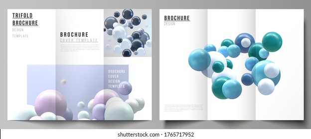 Vector layouts of covers design templates for trifold brochure, flyer layout, magazine, book design, brochure cover, advertising. Realistic background with multicolored 3d spheres, bubbles, balls.