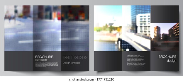 Vector layouts of covers design templates for trifold brochure, flyer layout, book design, brochure cover, advertising mockups. Abstract halftone effect decoration with dots. Dotted pattern decoration