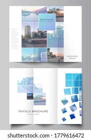 Vector layouts of covers design templates for trifold brochure, flyer layout, magazine, book design, brochure cover, advertising mockups. Abstract design project in geometric style with blue squares.