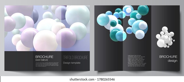 Diseños vectoriales de las portadas de diseño para folletos triples, diseño de volante, revista, diseño de libros, portada de folletos, publicidad. Antecedentes realistas con esferas 3d multicolores, burbujas, bolas.