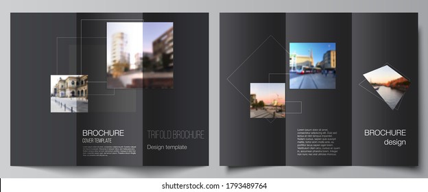 Vector layouts of covers design templates with geometric simple shapes, lines and photo place for trifold brochure, flyer layout, magazine, book design, brochure cover, advertising mockups.