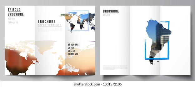 Diseños vectoriales de plantillas de diseño de portadas para folletos triples, diseño de volantes, diseño de libros, portada de folletos, publicidad. Diseñar plantilla en forma de mapas del mundo y marcos de colores, insertar la foto.