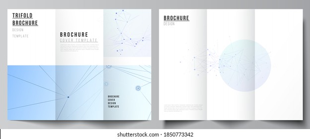 Vektorgrafiken von Cover-Design-Vorlagen für dreifach gefaltete Broschüren, Flyer-Layout, Magazin, Buchdesign, Broschürenumschlag, Werbemockups. blauer medizinischer Hintergrund mit Verbindungslinien und Punkten, Plexus
