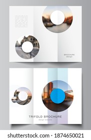 Vector layouts of covers design templates for trifold brochure, flyer layout, magazine, book design, brochure cover, advertising mockups. Background template with rounds, circles for IT, technology.