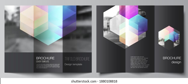 Vector layouts of covers design templates with colorful hexagons, geometric shapes, tech background for trifold brochure, flyer layout, magazine, book design, brochure cover, advertising mockups.