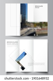 Vector layouts of covers design templates with geometric simple shapes, lines and photo place for trifold brochure, flyer layout, magazine, book design, brochure cover, advertising mockups.