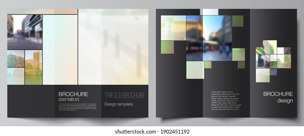 Vector layouts of covers design templates for trifold brochure, flyer layout, book design, brochure cover, advertising mockups. Abstract project with clipping mask green squares for your photo.