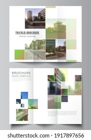 Vector layouts of covers design templates for trifold brochure, flyer layout, book design, brochure cover, advertising mockups. Abstract project with clipping mask green squares for your photo.