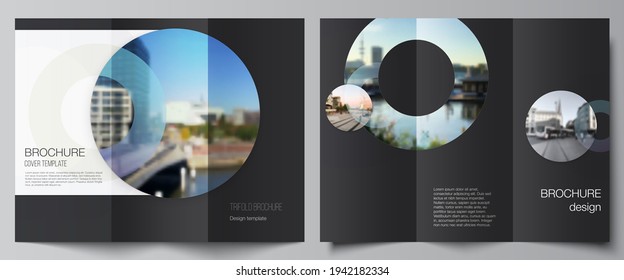 Vector layouts of covers design templates for trifold brochure, flyer layout, magazine, book design, brochure cover, advertising mockups. Background template with rounds, circles for IT, technology.