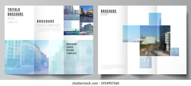 Vector layouts of covers design templates for trifold brochure, flyer layout, magazine, book design, brochure cover, advertising mockups. Abstract design project in geometric style with blue squares.