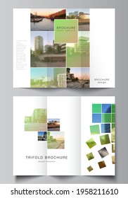 Vector layouts of covers design templates for trifold brochure, flyer layout, book design, brochure cover, advertising mockups. Abstract project with clipping mask green squares for your photo.