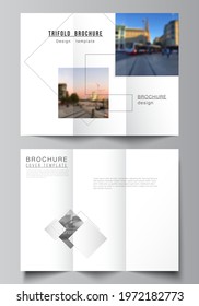 Vector layouts of covers design templates with geometric simple shapes, lines and photo place for trifold brochure, flyer layout, magazine, book design, brochure cover, advertising mockups.