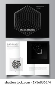 Vector layouts of covers templates for trifold brochure, flyer layout, book design, brochure cover, advertising. Black color technology background. Digital visualization for science, medical, tech.
