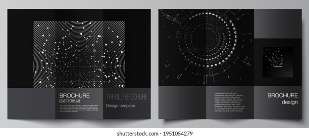 Vector layouts of covers templates for trifold brochure, flyer layout, book design, brochure cover, advertising. Black color technology background. Digital visualization for science, medical, tech.