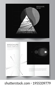 Vector layouts of covers templates for trifold brochure, flyer layout, book design, brochure cover, advertising. Black color technology background. Digital visualization for science, medical, tech.