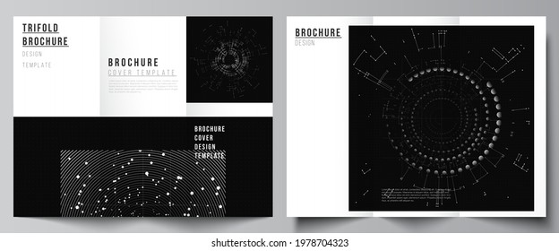 Vector layouts of covers templates for trifold brochure, flyer layout, book design, brochure cover, advertising. Black color technology background. Digital visualization for science, medical, tech.