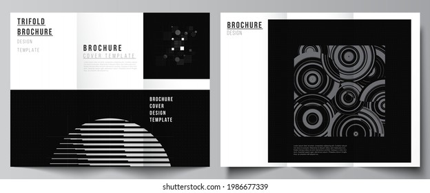 Vektorgrafik von Cover-Vorlagen für Dreifarbenbroschüre, Flyer-Layout, Buchdesign, Broschürenumschlag. Abstrakte Technologie, schwarze Farbe, wissenschaftlicher Hintergrund. Digitale Daten. Minimalistisches Hightech-Konzept.