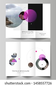 The vector layouts of creative covers design templates for trifold brochure or flyer. Simple design futuristic concept. Creative background with circles and round shapes that form planets and stars.