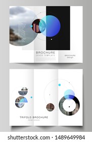 The vector layouts of creative covers design templates for trifold brochure or flyer. Simple design futuristic concept. Creative background with circles and round shapes that form planets and stars.