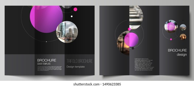 The vector layouts of creative covers design templates for trifold brochure or flyer. Simple design futuristic concept. Creative background with circles and round shapes that form planets and stars.