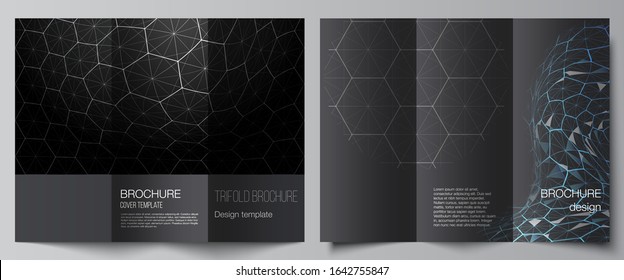 Vector layouts of creative covers design templates for trifold brochure or flyer. Digital technology and big data concept with hexagons, connecting dots and lines, polygonal science medical background