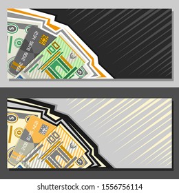 Vector layouts for Currency Exchange, cartoon paper banknotes of dollar usa, plastic debit card and 100 european euro, decorative sign board with financial symbols and copy space for value price.