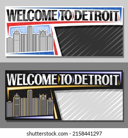 Vector layouts for Detroit with copy space, decorative voucher with illustration of american detroit city scape on day and dusk sky background, art design tourist coupon with words welcome to detroit