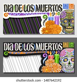 Vector layouts for Dia de los Muertos with copy space, decorative coupon with illustration of creepy skull, orange flowers, horizontal greeting card with original typeface for words dia de los muertos