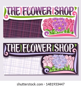 Vector layouts for Flower Shop with copy space, cartoon pale tulips, spring asters, roses with green leaves, sign board with decorative brush typeface for words the flower shop with purple background.