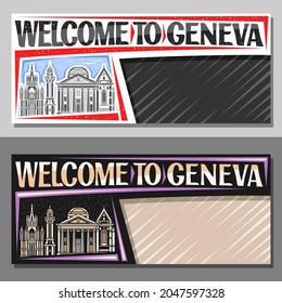 Vector layouts for Geneva with copy space, decorative voucher with outline illustration of geneva city scape on day and dusk sky background, art design tourist coupon with words welcome to geneva.