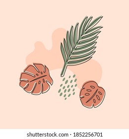 Vector layouts with hand-drawn tropical leaf shapes and pattern.